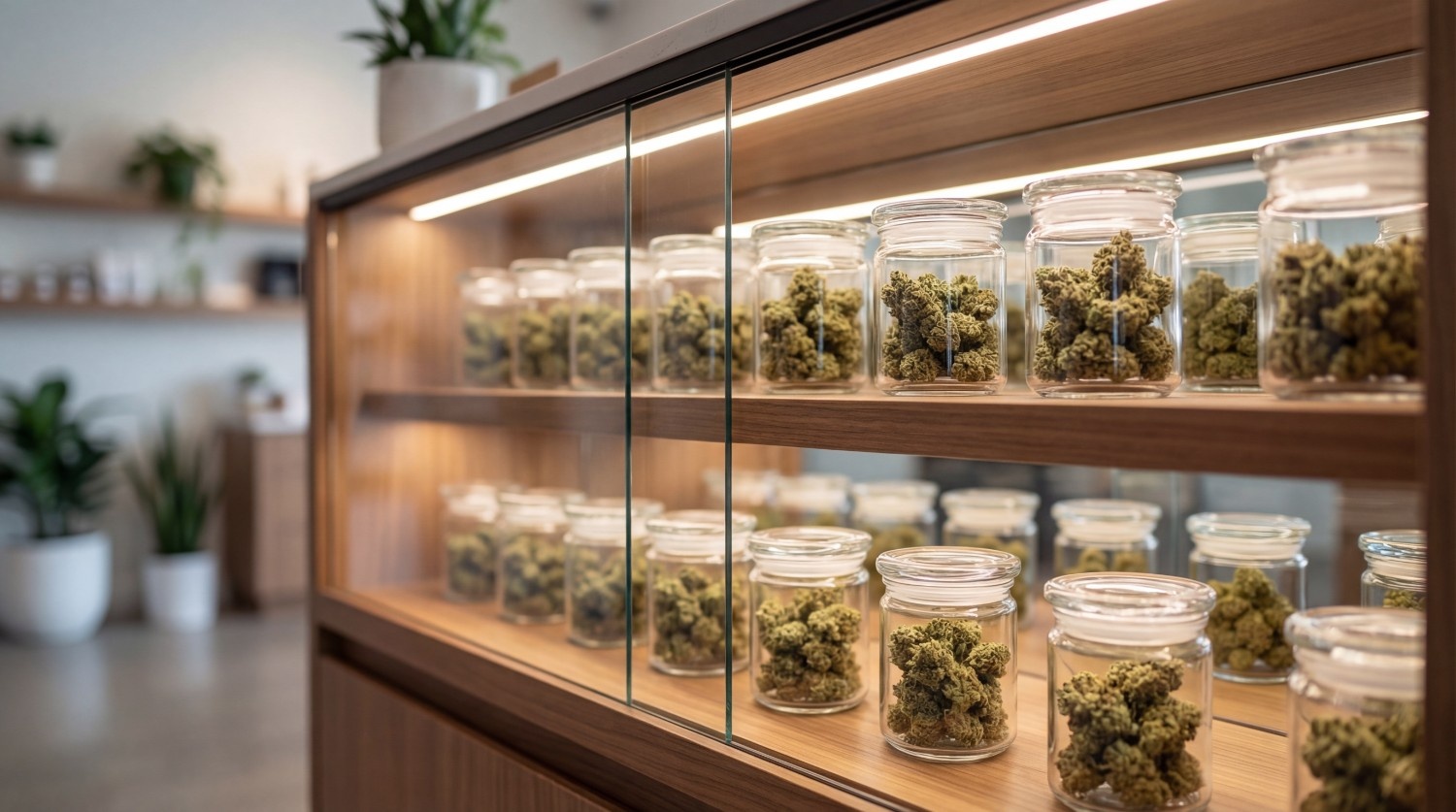 Cannabis jars displayed on illuminated wooden shelving in a dispensary display case.